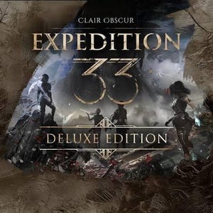 Puede incluir: Un gráfico promocional para el videojuego Clair Obscur: Expedition 33 Deluxe Edition. La imagen presenta siluetas estilizadas de personajes en un entorno oscuro y atmosférico con el título mostrado prominentemente en el centro.