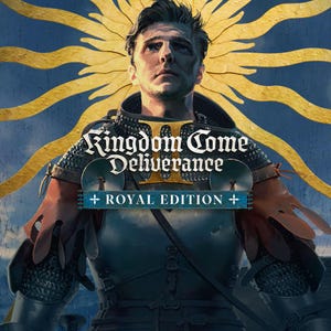 May include: A digital illustration of a person in dark metal plate armor and chainmail, featuring the text Kingdom Come Deliverance II Royal Edition. The background displays a large, stylized golden sunburst against a deep blue backdrop.