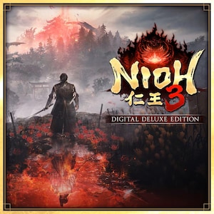 Może przedstawiać: Cyfrowa okładka gry Nioh 3 Digital Deluxe Edition przedstawiająca wojownika w ciemnym stroju z mieczem, stojącego na polu czerwonych kwiatów na tle ognistego krajobrazu z odbiciem w wodzie na pierwszym planie.