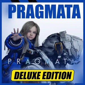 以下が含まれることがあります： Pragmata Deluxe Editionのデジタルプロモーション画像。青いジャケットを着て長い金髪の若い人物が手を伸ばしており、その隣にはグレーと黄色のディテールを持つ、大きく複雑な金属製のロボットフィギュアが描かれています。