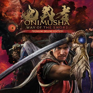Peut inclure: La pochette de l'édition Premium Deluxe de Onimusha Way of the Sword montre un guerrier tenant un katana avec une garde ornée et bleue lumineuse. Derrière, une silhouette au chapeau large se tient sur un champ de bataille sombre, ardent et chaotique.