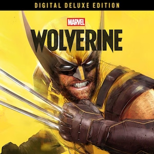 May include: A digital illustration of the Marvel character Wolverine wearing a yellow and black suit with a mask. The character has metallic claws extended from the hands, bared teeth, and a fierce expression. The text reads Marvel Wolverine.
