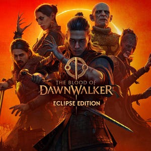 May include: A promotional poster for The Blood of Dawnwalker Eclipse Edition featuring five fantasy characters in armor and dark attire against a bright orange background with a solar eclipse. The title text is centered in gold lettering.