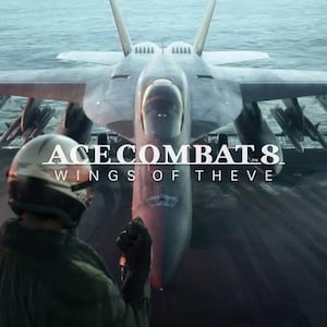 May include: A gray fighter jet sits on an aircraft carrier deck with the text ACE COMBAT 8 WINGS OF THEVE displayed in white. A pilot wearing a helmet and dark flight gear is visible in the foreground, facing the aircraft on the flight deck.