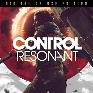 以下が含まれることがあります： Control Resonant Digital Deluxe Editionのカバーアート。フード付きジャケットを着た人物が、光り輝く赤い円形のポータルと白い霧を背景に、大きな長方形の物体を手に持っている様子が描かれており、白い文字が重ねられています。