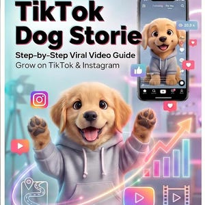 May include: A digital graphic featuring a golden puppy in a grey hoodie with the text TikTok Dog Storie Step-by-Step Viral Video Guide Grow on TikTok & Instagram. A smartphone displays the same puppy, surrounded by social media icons and charts.