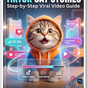 May include: A digital book cover titled TIKTOK CAT STORIES Step-by-Step Viral Video Guide featuring a brown tabby kitten wearing an orange and blue hoodie. The image includes social media icons, growth charts, and the text Grow on TikTok & Instagram.