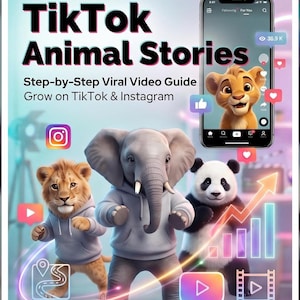 Peut inclure: Un guide numérique intitulé TikTok Animal Stories: Step-by-Step Viral Video Guide Grow on TikTok & Instagram. Il présente un smartphone affichant une vidéo de lionceau, ainsi que des personnages de lion, éléphant et panda en sweat à capuche.