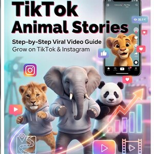 May include: A digital guide titled TikTok Animal Stories Step-by-Step Viral Video Guide Grow on TikTok & Instagram featuring a smartphone displaying a lion cub video, alongside illustrations of a lion, elephant, and panda wearing hoodies.