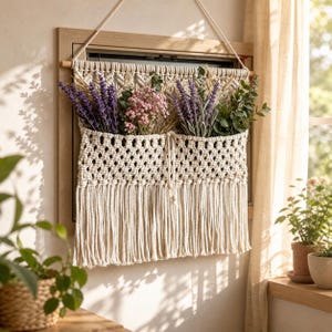 May include: A cream-coloured macrame wall hanging featuring a woven pocket design suspended from a wooden dowel. The pocket is filled with dried purple lavender, pink baby's breath, and green eucalyptus stems, finished with long fringe at the bottom.