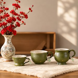 May include: Three olive green ceramic cups with speckled white interiors and small yellow dots on the exterior. Each cup features a handle adorned with dangling beads. A tall, patterned ceramic vase filled with bright red flowers stands nearby.