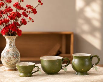 Handmade Green Ceramic Mug, Japanese Style Beaded Handle Coffee Cup