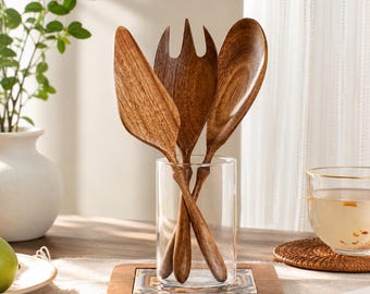 Akazienholz Salat Servier Set, Rustikale Bauernhaus Utensilien, Handgefertigte Holzlöffel Gabel