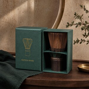 May include: A dark green rectangular box with a gold line drawing of a matcha whisk and the text "MATCHA WHISK" printed on the front. The box is open, revealing a bamboo matcha whisk with thin, light brown tines and a dark brown handle inside.