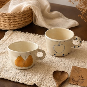 Hand Painted Ceramic Mug Set, Apple Pear Rustic Tea Cup, Vintage Style Coffee Mug