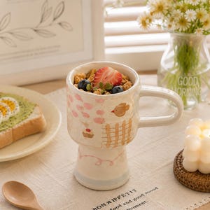 Handmade Bear Ceramic Mug, Patchwork Style Long Handle Coffee Cup