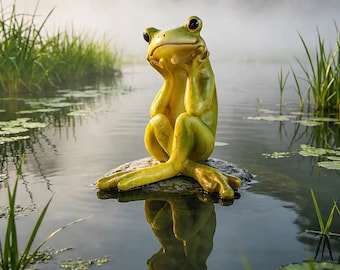 Könnte beinhalten: Eine gelb-grüne Froschfigur, die auf einem Stein im Wasser sitzt und ihre Hände nachdenklich an das Kinn stützt. Der Frosch hat große, dunkle Augen und eine glatte Oberfläche, wobei sich sein Spiegelbild im Wasser zeigt. Text lautet: Sighing Frog.