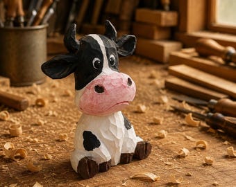 Könnte beinhalten: Eine handgeschnitzte Holzfigur einer Kuh mit schwarz-weißem Fleckenmuster und einer hellrosa Schnauze. Die Skulptur weist sichtbare Meißelspuren auf der Oberfläche, dunkelbraune Hufe und zwei kleine schwarze Hörner am Kopf auf.