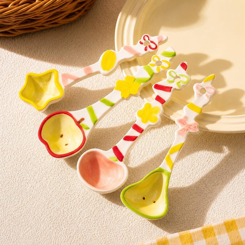 May include: A set of four ceramic spoons with white handles featuring colorful painted patterns of bows, flowers, and stripes. Each spoon has a unique bowl shape including a star, an apple, a heart, and a pear, with vibrant yellow, red, and green accents.