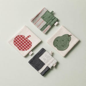Posavasos de lino hecho a mano, tapete para bebidas con diseño de retazos de manzana y pera, decoración rústica de estilo campestre.