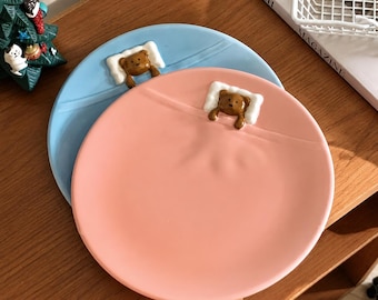 3D Bear Ceramic Plate, Pastel Blue or Pink, Kawaii Breakfast Dish