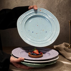 Peut inclure: Une pile d'assiettes rondes en céramique avec une finition mouchetée et des bords striés concentriques. L'assiette supérieure est bleu clair avec des taches multicolores, celle du dessous est lavande avec une tartelette aux fruits.