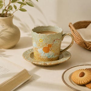 Könnte beinhalten: Eine Keramiktasse mit passender Untertasse in gesprenkelter hellgrüner und beiger Glasur. Die Tasse zeigt ein handgemaltes orangefarbenes Kürbismotiv, umgeben von stilisierten blauen Wolken und kleinen gelben kreisförmigen Akzenten. Der Rand ist gewellt.
