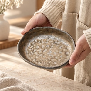 May include: A round, shallow ceramic bowl with an irregular, organic rim. The interior features a textured, mottled glaze in shades of earthy brown, tan, and metallic silver, creating a speckled appearance against a dark, matte outer edge.