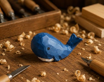 Könnte beinhalten: Eine kleine, handgeschnitzte Walfigur aus Holz, bemalt in tiefem Blau mit einem weißen Bauch und einem schwarzen Punkt als Auge. Die Oberfläche des Wals weist sichtbare, facettierte Meißelspuren aus dem Schnitzprozess auf.