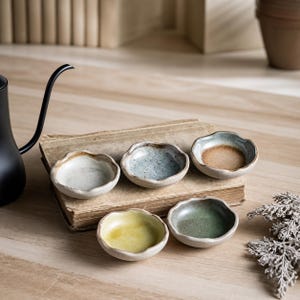 May include: Five small, round, ceramic dishes with irregular, wavy edges. Each dish features a unique glaze colour, including white, speckled blue, brown, yellow, and green. The dishes are arranged on top of a weathered, vintage hardcover book.