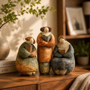 Può includere: Tre statuette in resina dipinte a mano raffiguranti persone che leggono libri. La figura a sinistra indossa un abito verde e giallo, la figura centrale un abito arancione e verde e la figura a destra un abito blu e grigio. Ogni figura tiene in mano un libro.