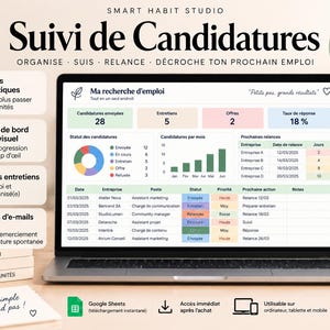 Suivi de Candidatures Google Sheets | Job Application Tracker Français | Recherche d'Emploi, Relances & Entretiens