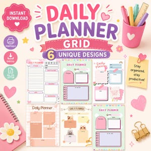 May include: A digital daily planner grid set featuring six unique designs with pastel colors, hearts, and stars. The text reads DAILY PLANNER GRID 6 UNIQUE DESIGNS, INSTANT DOWNLOAD, PRINTABLE, DIGITAL, A4, US LETTER, and Stay organized, stay productive!