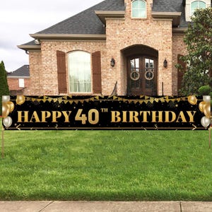 Happy 40th Birthday Banner, Black Gold Party Backdrop, Polyester Outdoor Decoration (9.8x1.6ft)
