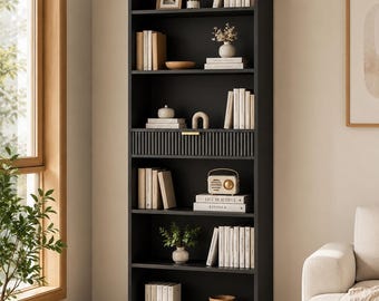 72" Black Bookshelf with Drawer, 7-Tier Tall Bookcase, Modern Wood Storage Shelf