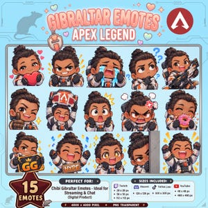 Peut inclure: Une collection numérique de 15 émoticônes de style chibi représentant le personnage Gibraltar d'Apex Legends dans diverses expressions et poses, incluant un cœur, des pleurs, un beignet et un signe GG, sur un fond bleu clair.