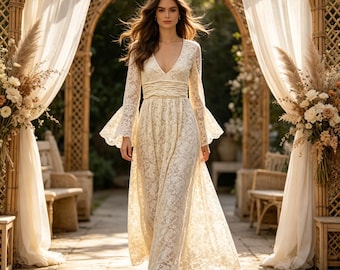 May include: A floor-length cream-colored lace dress featuring long bell sleeves, a deep V-neckline, and a gathered waist detail. The garment is crafted from intricate floral lace fabric that extends from the bodice down to the hemline.