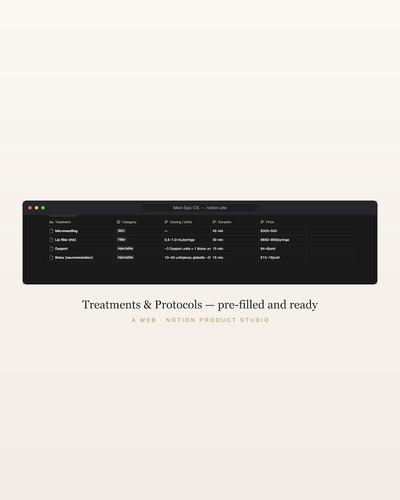 Med Spa Notion Template, Aesthetic Practice OS, Treatment Inventory and Membership Manager, Esthetician Business Planner, Instant Download image 3