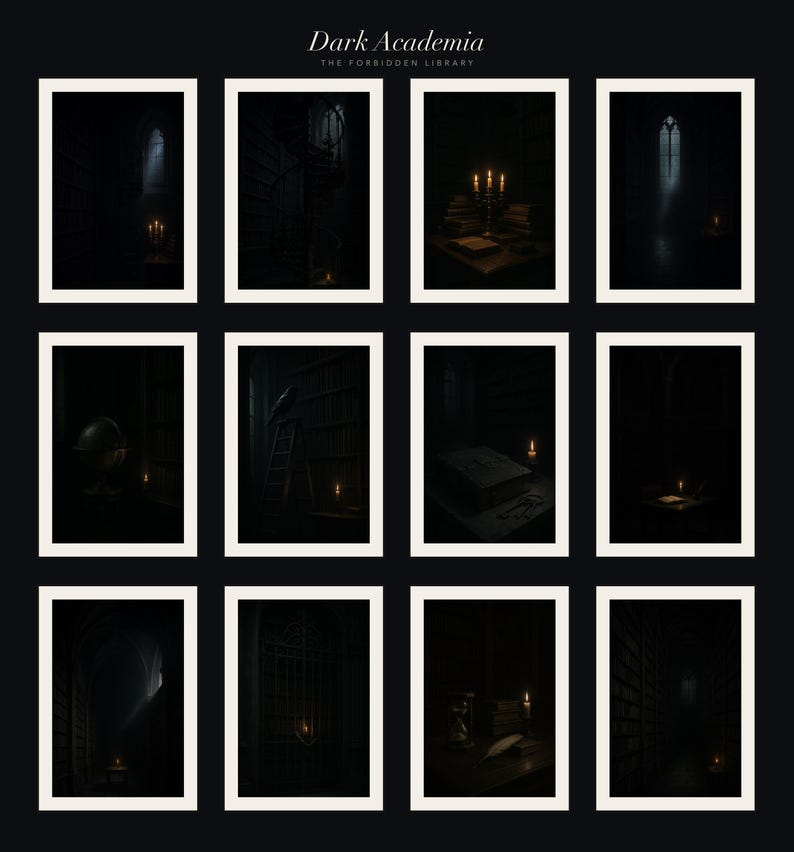 Dark Academia Wall Art Set of 12, Gothic Library Candlelit Prints, Moody Book Lover Fine Art, Harry Potter Aesthetic Download image 10