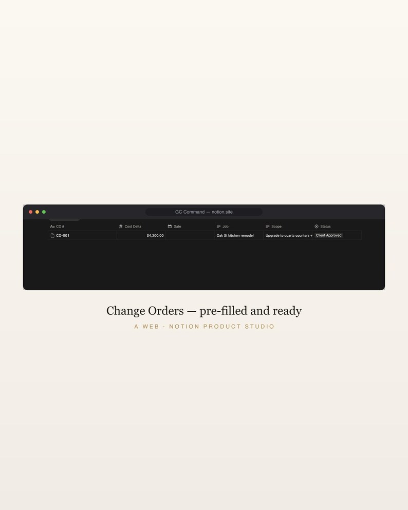 Plantilla de Notion para contratistas generales, GC Business OS, seguimiento de subcontratistas, licitaciones y órdenes de cambio, CRM para la construcción, descarga instantánea. imagen 6