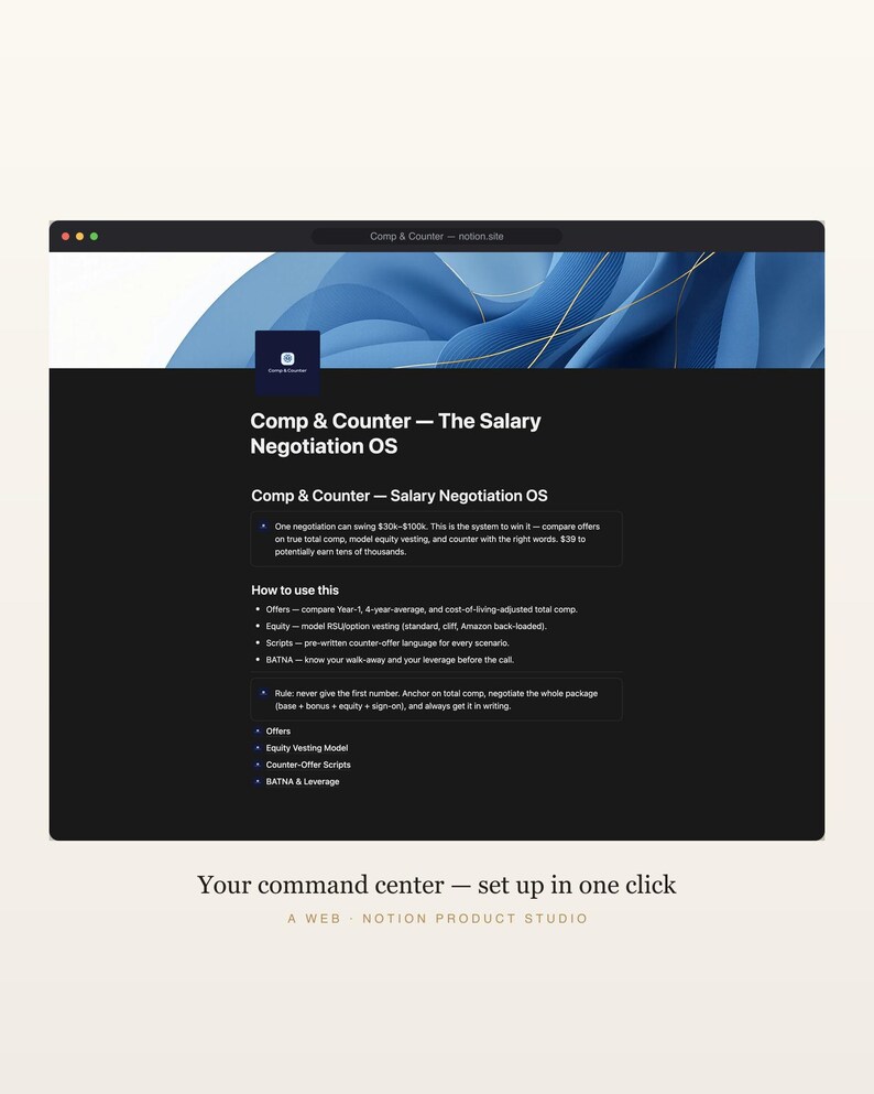 Salary Negotiation Notion Template, Job Offer and Counter-Offer Toolkit, Equity Calculator, Career Planner, Instant Download image 2