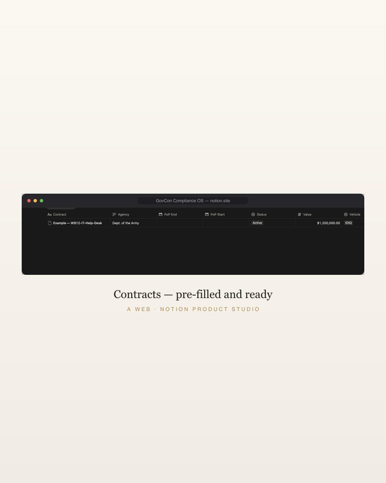 GovCon Notion Template, Federal Contracting CRM, Bid Pipeline, SAM & Set-Aside Compliance Tracker, Contractor Toolkit, Instant Download image 4