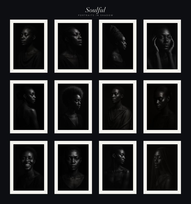 Black Woman Wall Art Set of 12, Fine Art Portrait Photography, Black & White Sculptural Prints, Elegant Home Decor, Digital Download image 10