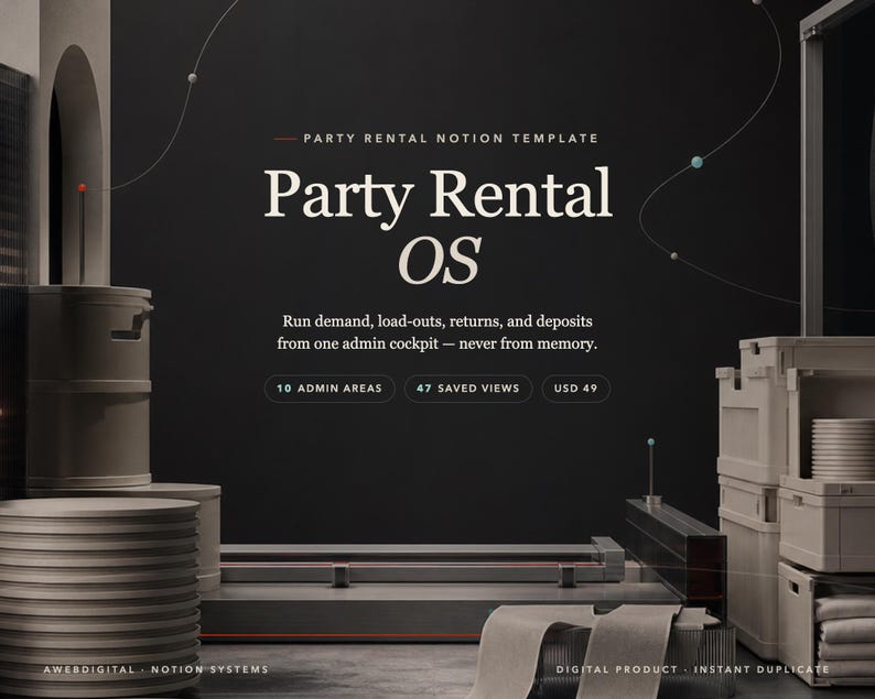 Party Rental Notion Template, Event Rental Business Tracker, Inventory Booking Deposit & Return CRM, Order Dashboard, Instant Download image 1