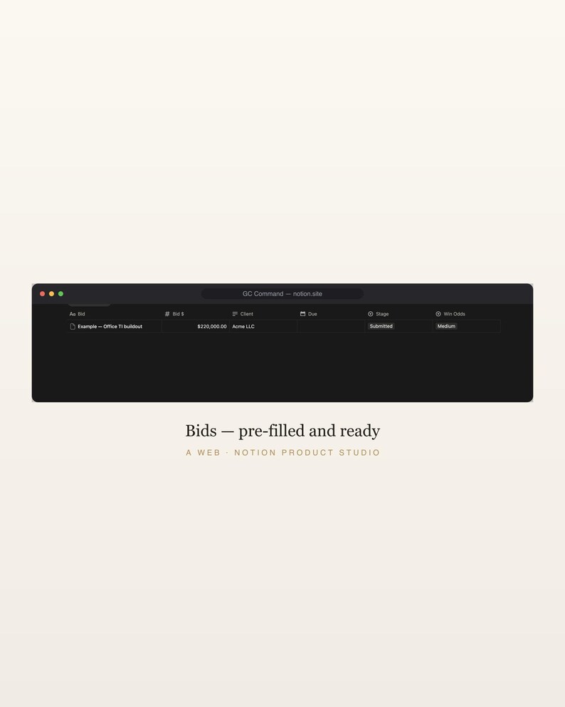 Plantilla de Notion para contratistas generales, GC Business OS, seguimiento de subcontratistas, licitaciones y órdenes de cambio, CRM para la construcción, descarga instantánea. imagen 4