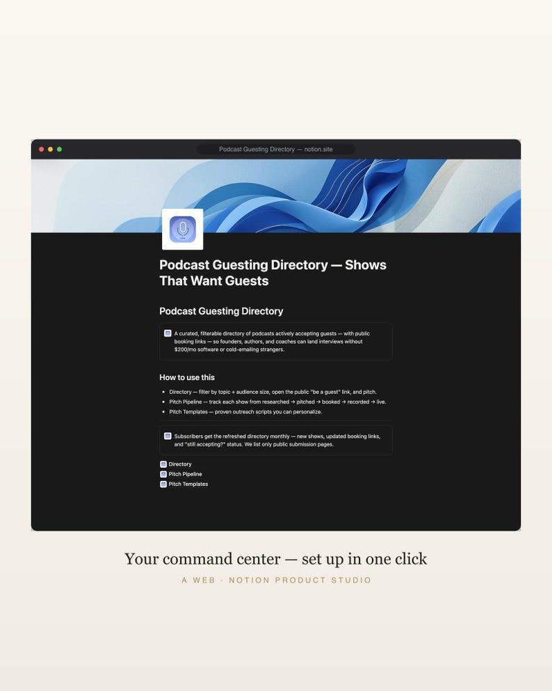 Podcast Guesting Notion Template, Directory of Shows That Want Guests, Guest Pitch Tracker and Templates, PR Toolkit, Instant Download image 2