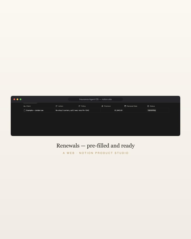 CRM para agentes de seguros Notion, seguimiento de pólizas y renovaciones, gestor de clientes para agentes independientes, seguimiento de comisiones, descarga instantánea. imagen 5