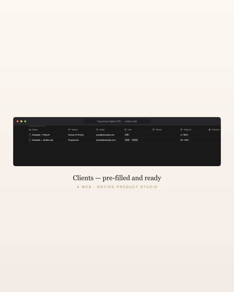 CRM para agentes de seguros Notion, seguimiento de pólizas y renovaciones, gestor de clientes para agentes independientes, seguimiento de comisiones, descarga instantánea. imagen 3