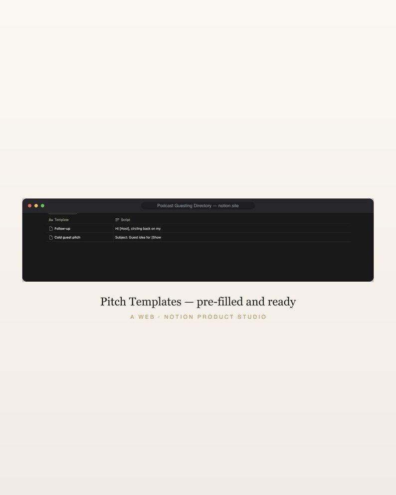 Podcast Guesting Notion Template, Directory of Shows That Want Guests, Guest Pitch Tracker and Templates, PR Toolkit, Instant Download image 5