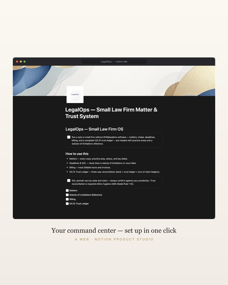 Law Firm Notion Template, Legal Practice OS, Matter and Deadline Tracker, IOLTA Trust Ledger, Attorney Toolkit, Instant Download image 2